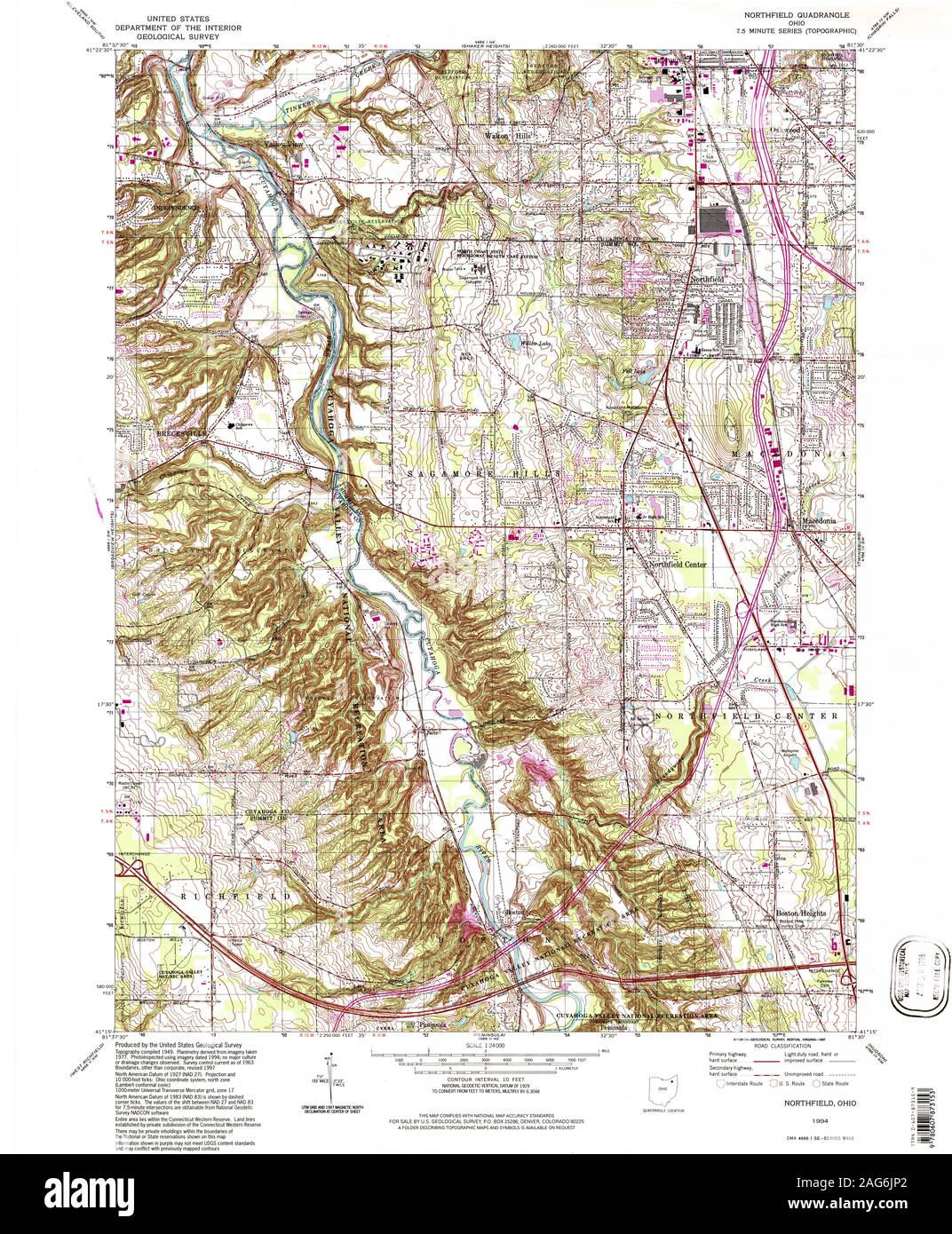 USGS TOPO Map Ohio OH Northfield 227986 1994 24000 Restoration Stock Photo