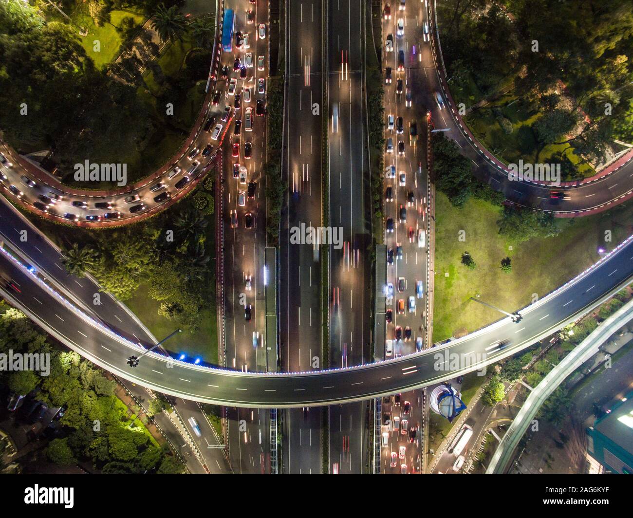 Traffic Jam during rush hour in Semanggi interchange overpass in the night time. Stock Photo