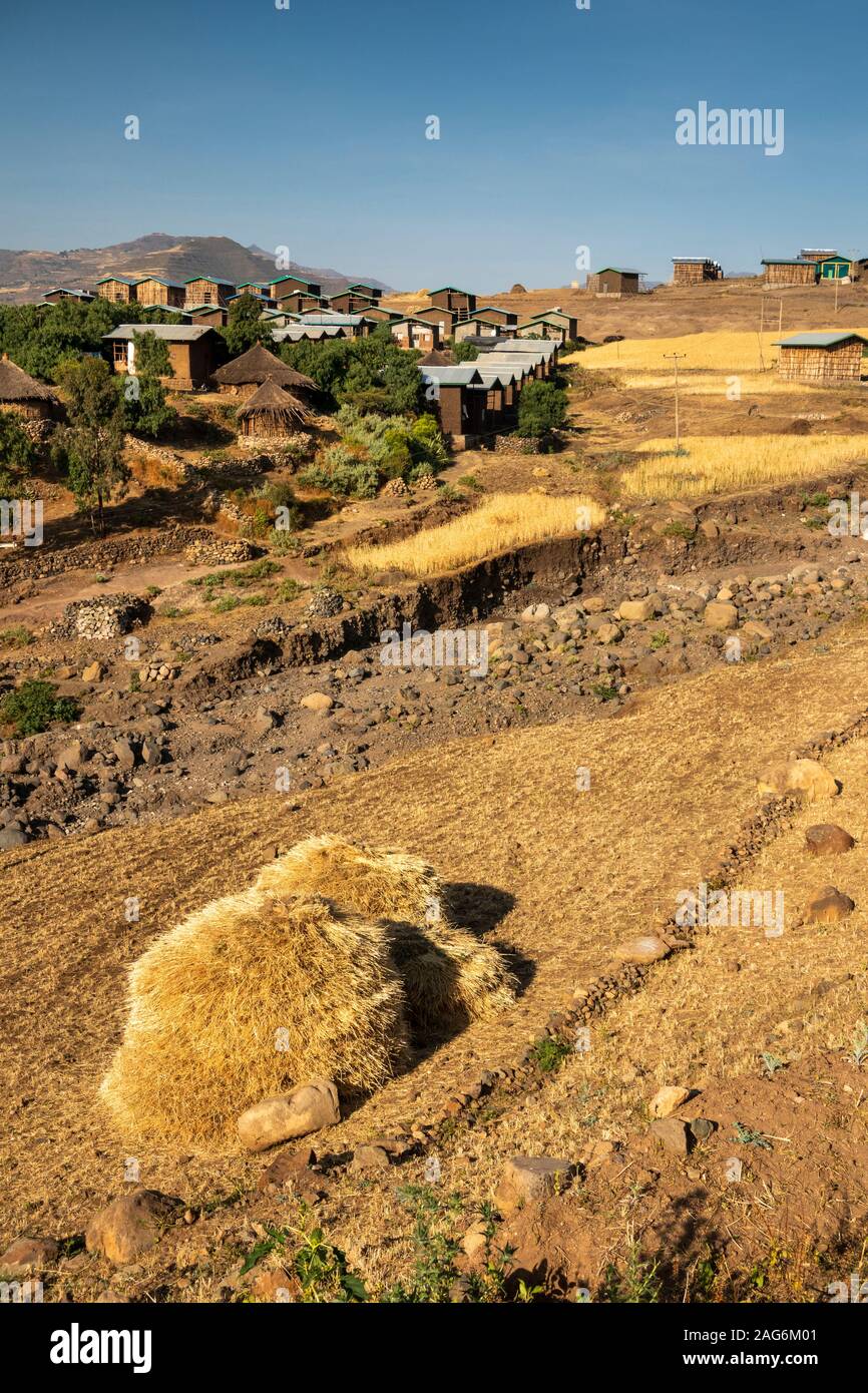 Ethiopia, Amhara, Kulmesk, newly built settlement in remote location, surrounded by marginal farmland Stock Photo