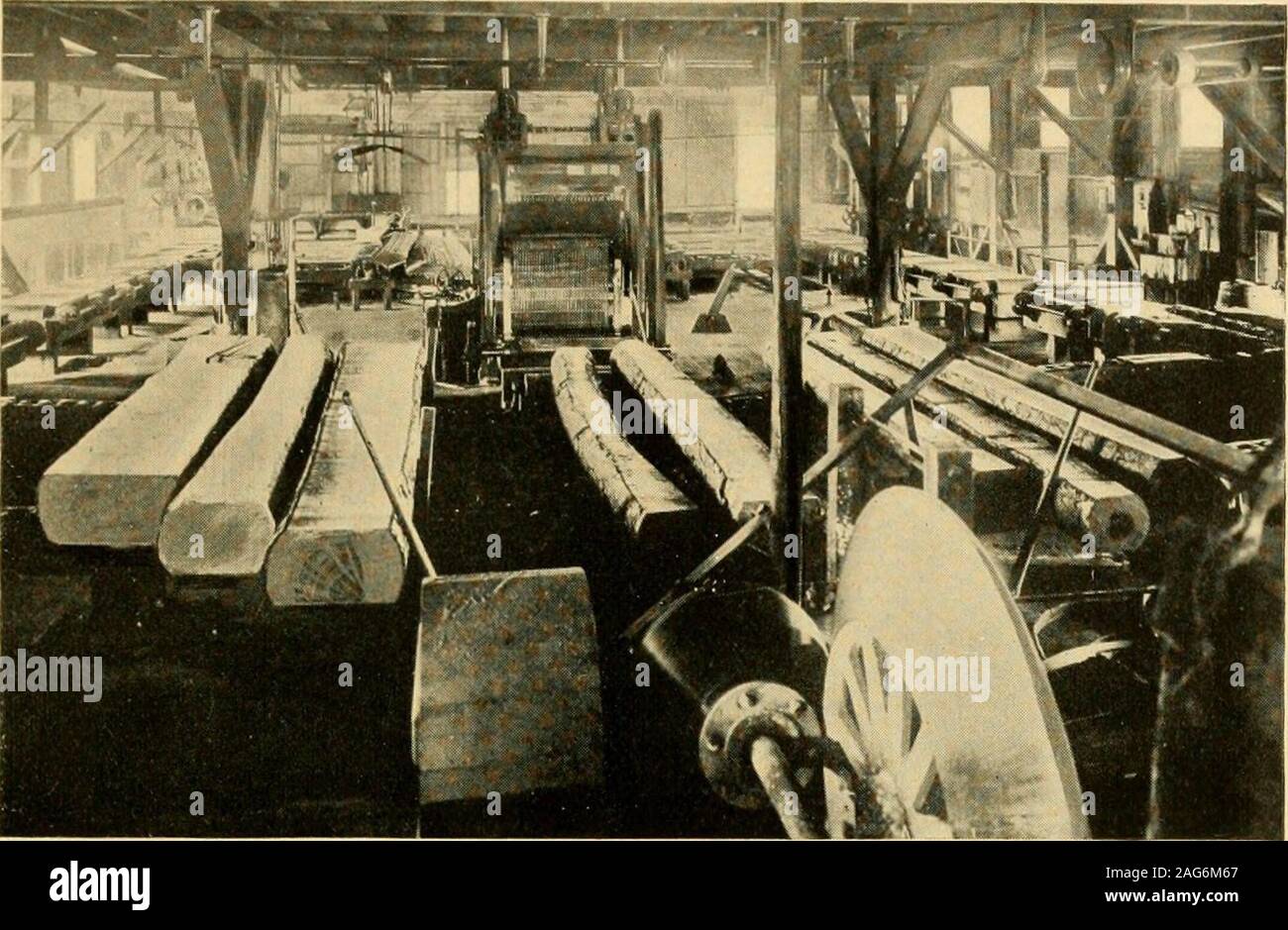. Louisiana and Arkansas railway; its territory industries and financial condition ... LOG CARRIAGE IN OPERATION LOUISIANA AND ARKANSAS RAILWAY 35. INTERIOR VIEW OF SAWMILL AT STAMPS tion on a carriage where they are caught and held by a seriesof teeth. The carriage then travels back and forth beside Stock Photo