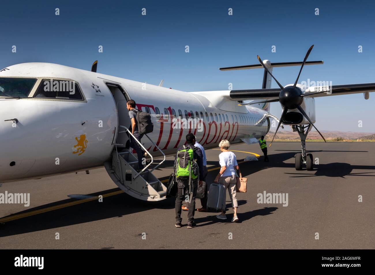 Ethiopia, Amhara, Lalibela, Airport, passengers boarding Ethiopian Airlines Bombardier Q400, Dash 8 aircraft Stock Photo