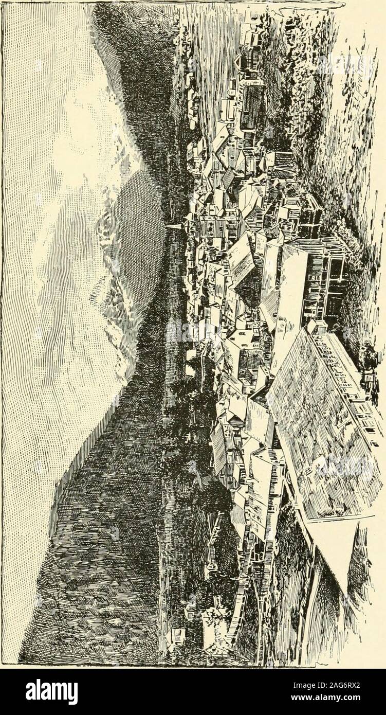 . Picturesque Alaska : a journal of a tour among the mountains, seas and islands of the Northwest, from San Francisco to Sitka. in water, flowing from glacier-crowned summits behind Sitka into thecanon below, and thence into the harbor,making an island of the level area uponwhich Sitka stands. It is a wildly roman-tic stream, at some points overarched bybirches and white and yellow cedars, andalong its banks were alders and thickclumps of willows springing from the softgreen moss which grows beneath them. There are beautiful young Norwayspruces and fine groves of primeval fir-trees growing all Stock Photo