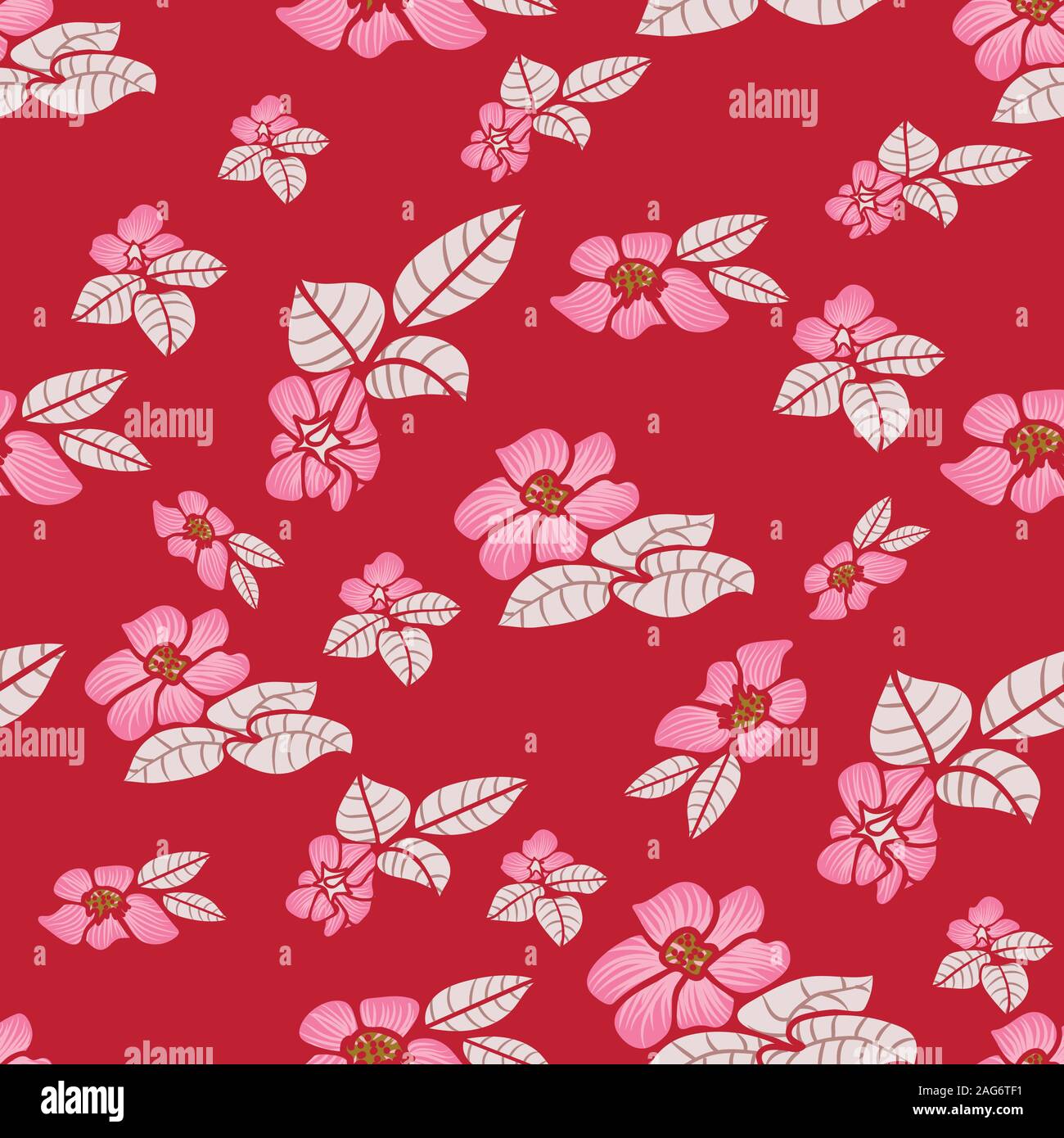 seamless vector pattern with pink rosa canina blooms on a red background Stock Vector