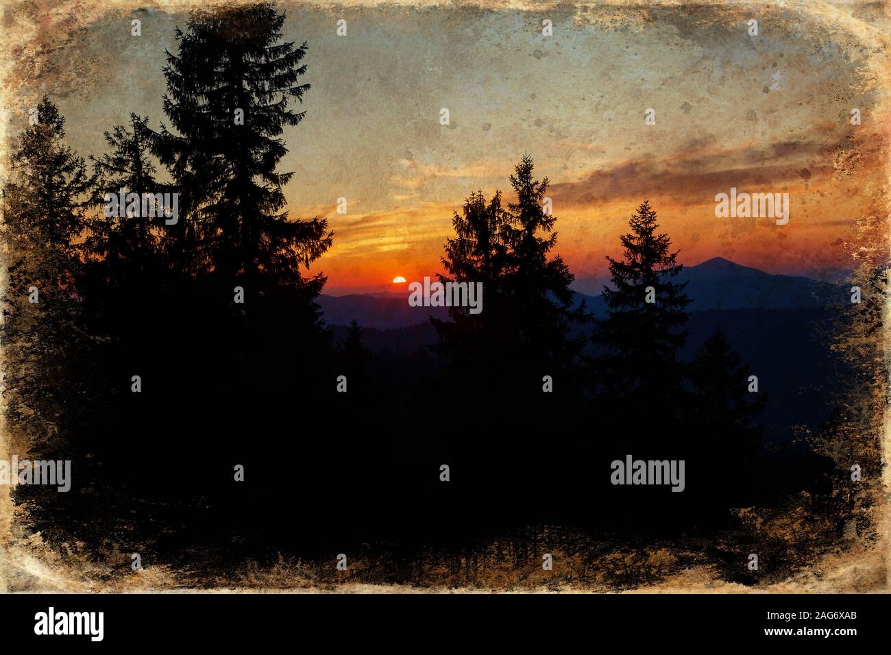 Beautiful landscape in the sunset, old photo effect Stock Photo - Alamy