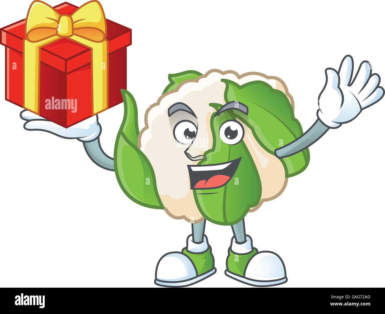 Cauliflower cartoon character with a box of gift Stock Vector Image