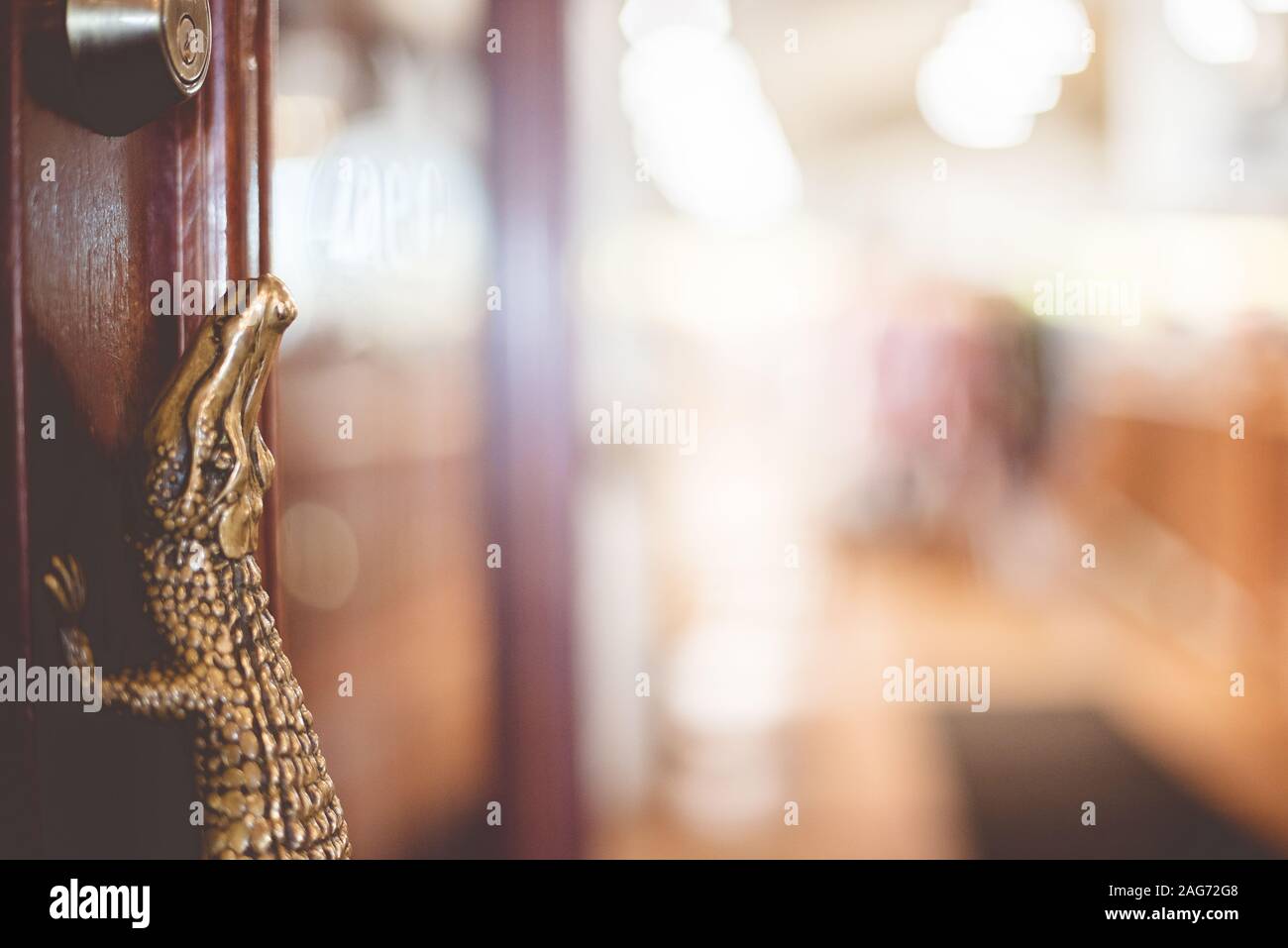 Closeup shot of a golden alligator handlebar for the door Stock Photo
