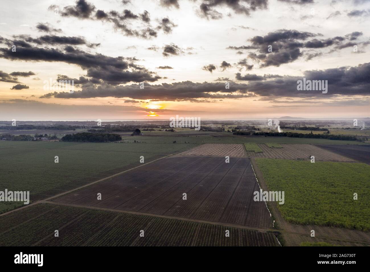 High angle shot of grassy fields with trees in the distance under a cloudy sky Stock Photo