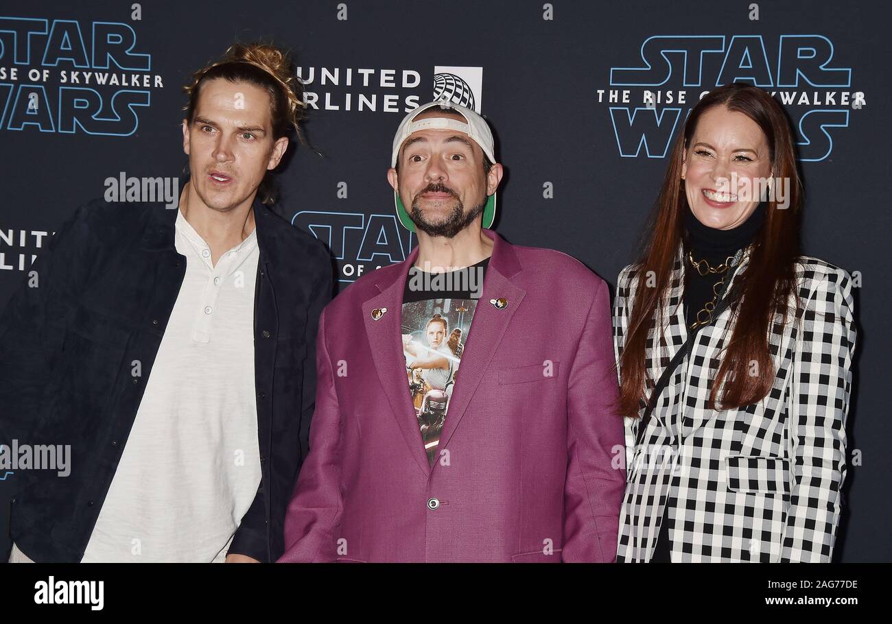 HOLLYWOOD, CA - DECEMBER 16: (L-R) Jason Mewes, Kevin Smith and Jennifer Schwalbach attend the Premiere of Disney's 'Star Wars: The Rise Of Skywalker' at the El Capitan Theatre on December 16, 2019 in Hollywood, California. Stock Photo