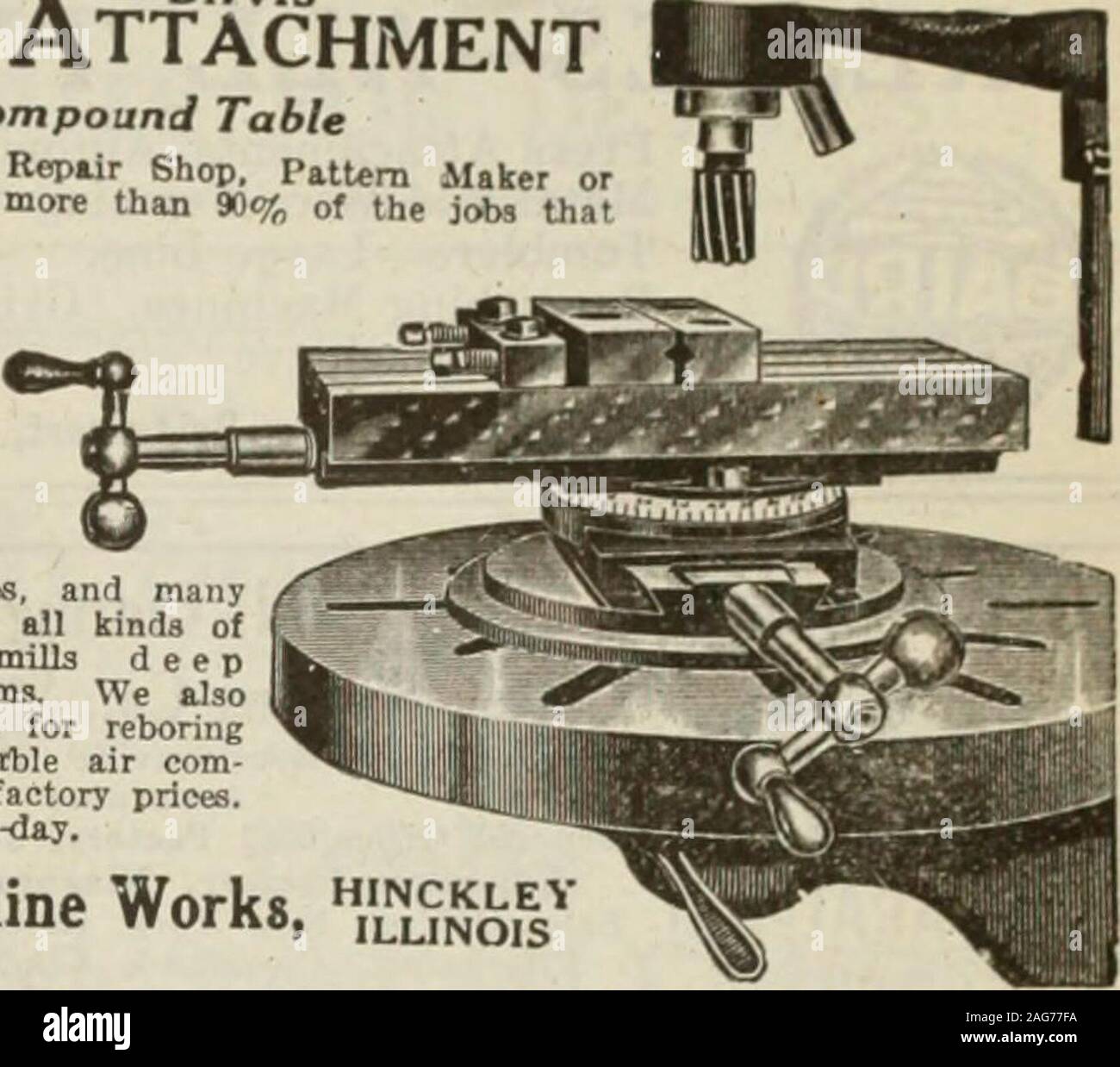 . Canadian machinery and metalworking (January-June 1919). ?=$8=J Milling Attachment and Compound Table For the Die Maker, Repair Shop, Pattern Maker ori.arage. will perform more than 90% of the jobs thatcome up. For any Drill Press14 to 42 swing.Big Economy — BigConvenience— SmallPrice. It relievesrour large millers,comes in handys p o tting castings,milling ends of bosses, and manyo her odd jobs. Cuts all kinds ofkeyseats perfectly; mills deepgrooves, slots and cams. We alsomake cylinder reamers for reboringFord car, and a reliable air com-pressor—all at special factory prices.Write for circ Stock Photo