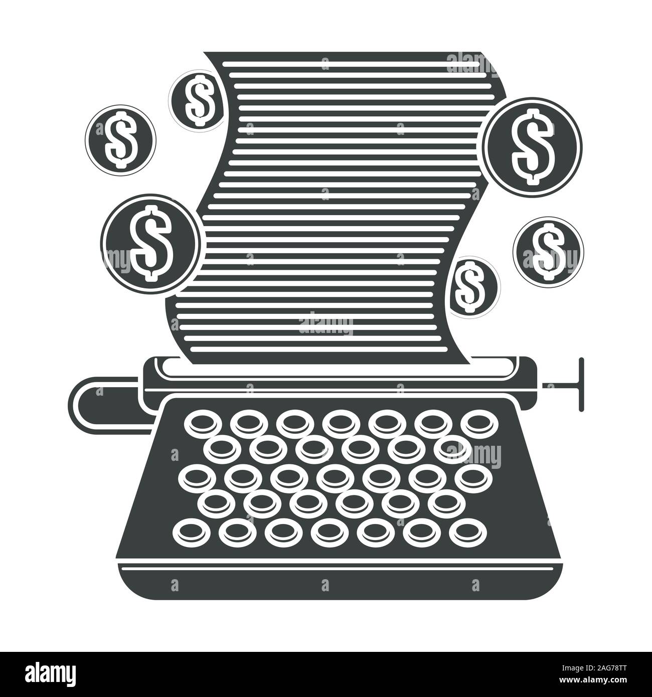 Typing machine with paper and dollar coins floating around Stock Vector
