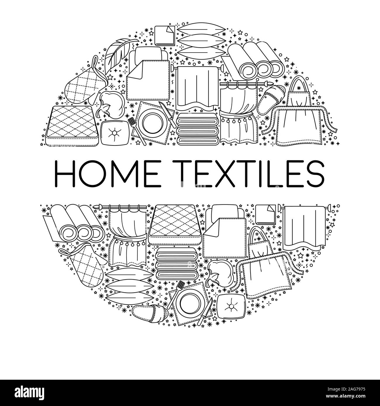 Home textiles items icons collection set in circle with text Stock Vector