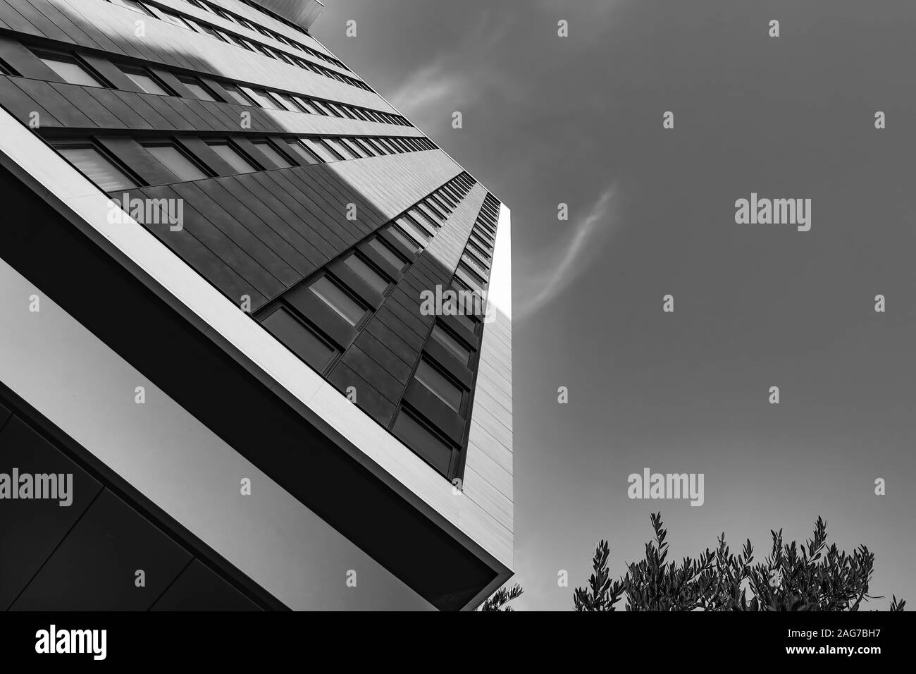 Grayscale low angle shot of a high modern building under the sky Stock ...