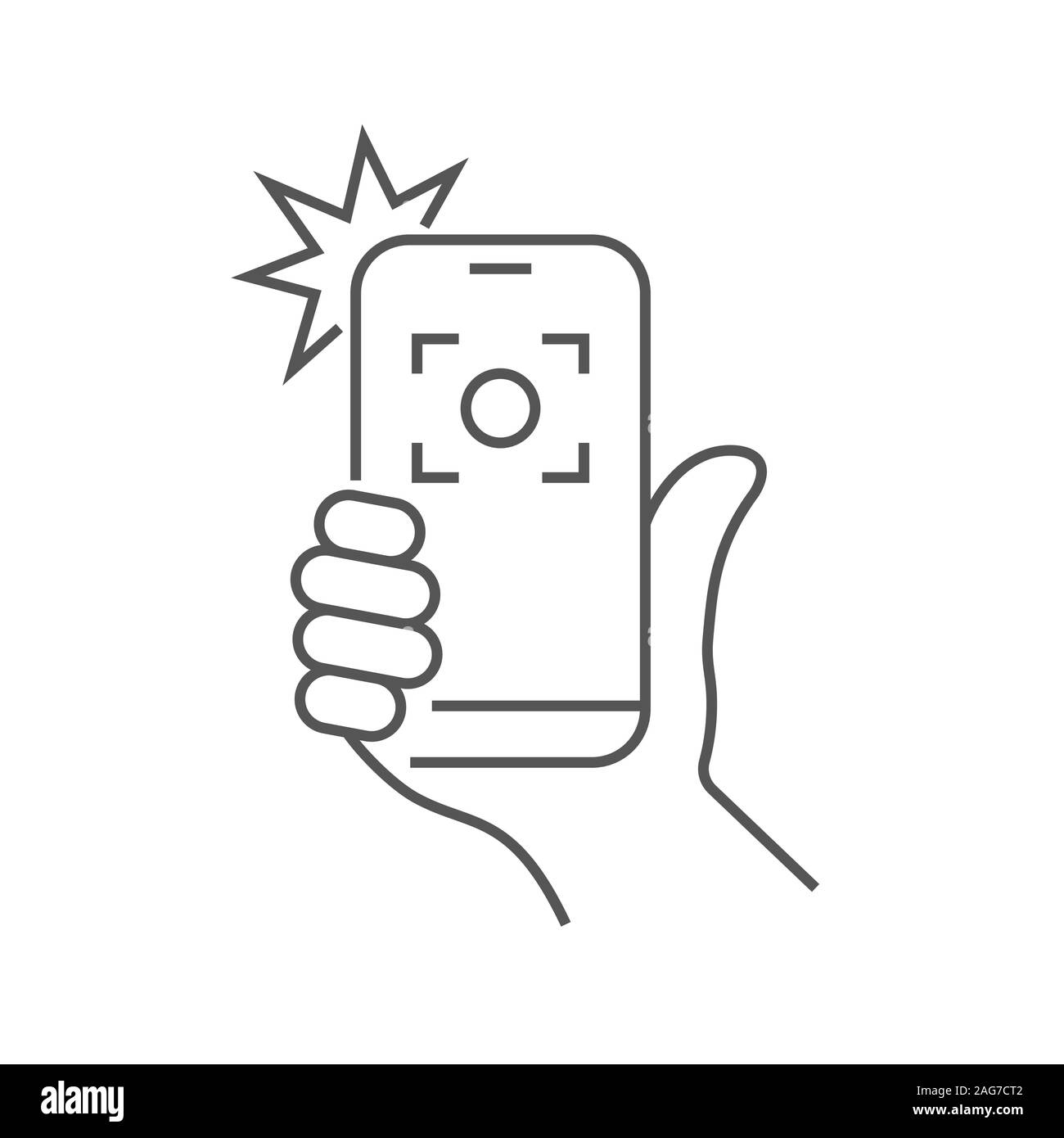 Taking selfie on smartphone concept creative icon selfie label. Hand holding smartphone linear icon. Thin line illustration. Smart phone photocamera. Stock Vector