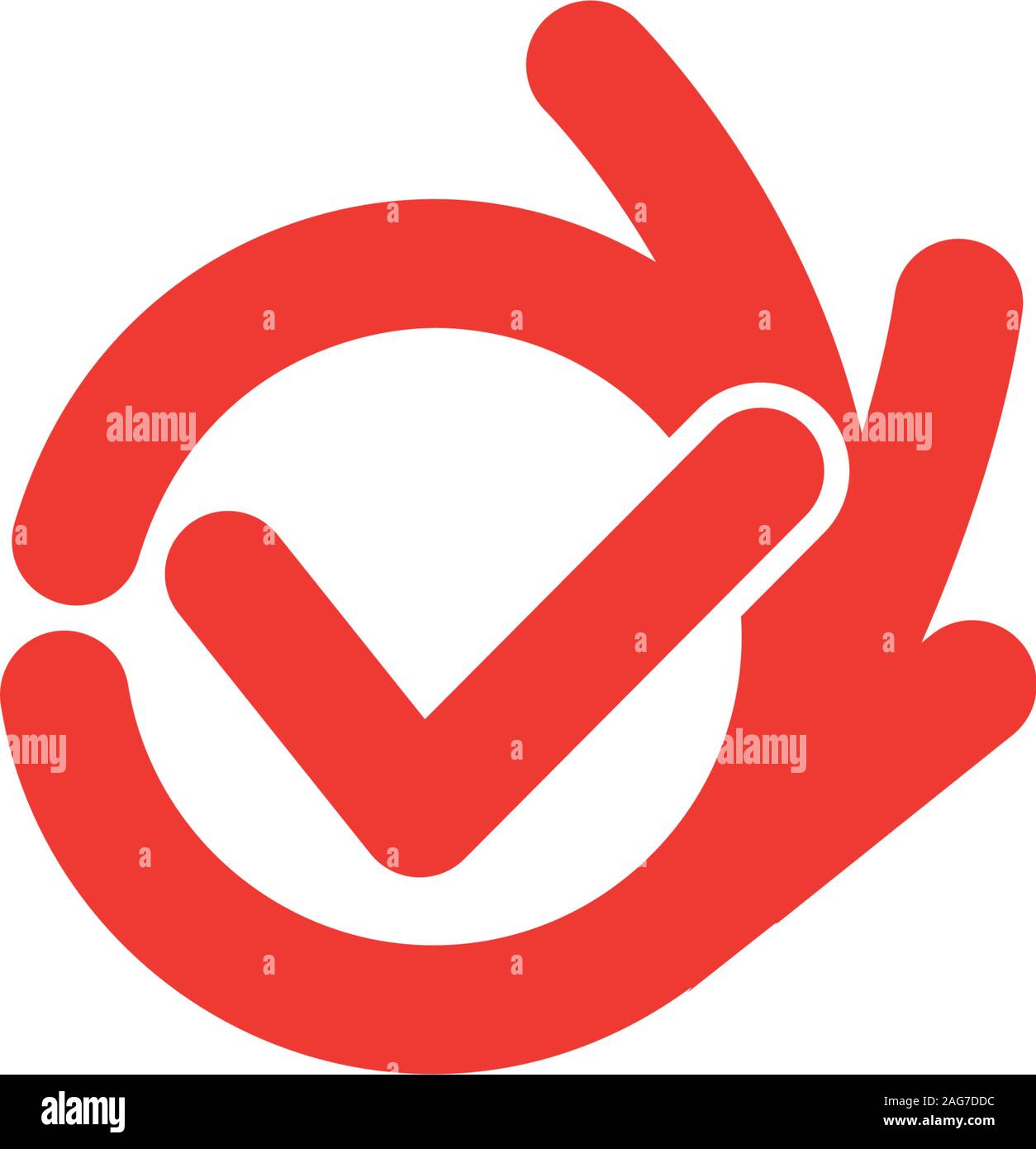 Vector isolated unusual logo. Good job. All perfectly. All OK. Well done. Fingers hands shows OK. Great. Its OK. Suit. Checked. Good. Symbol. Red Stock Vector
