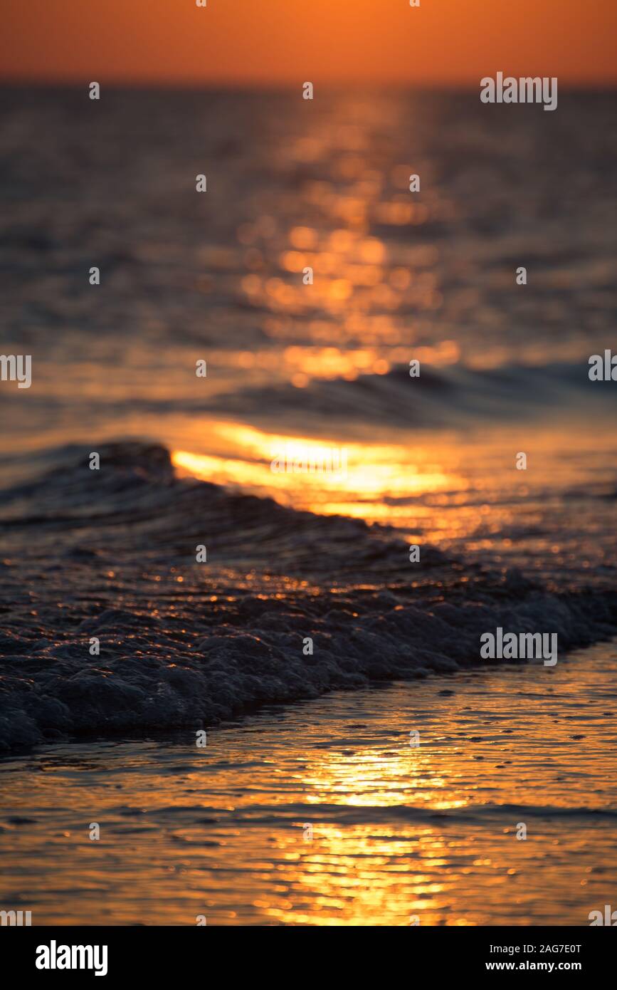 Vertical selective focus shot of the sea during sunset Stock Photo