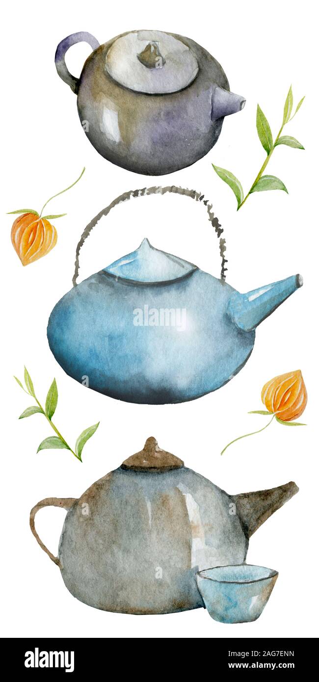 tea ceremony. The Chinese characters Tea. Chinese teapots, tea leaves, physalis on white background Stock Photo