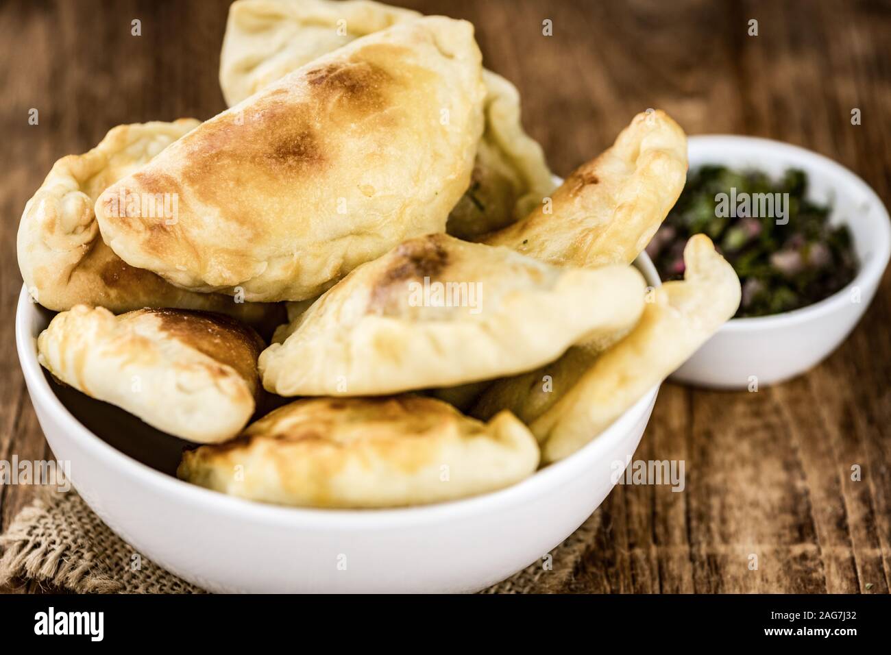 Portion of fresh homemade Empanadas as detailed close-up shot; selective focus Stock Photo