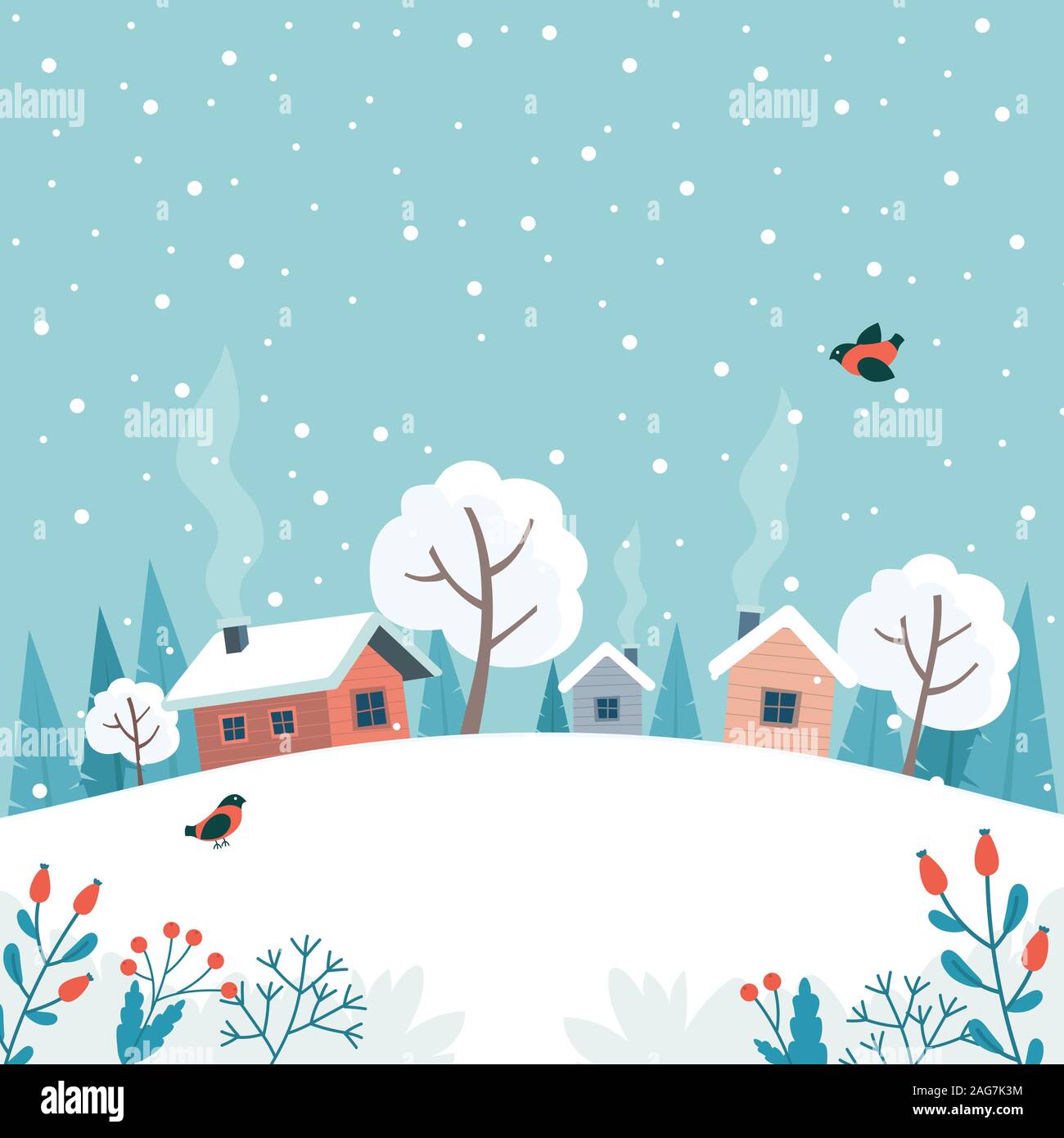 Winter landscape with cute house, fields and nature. Cute vector ...