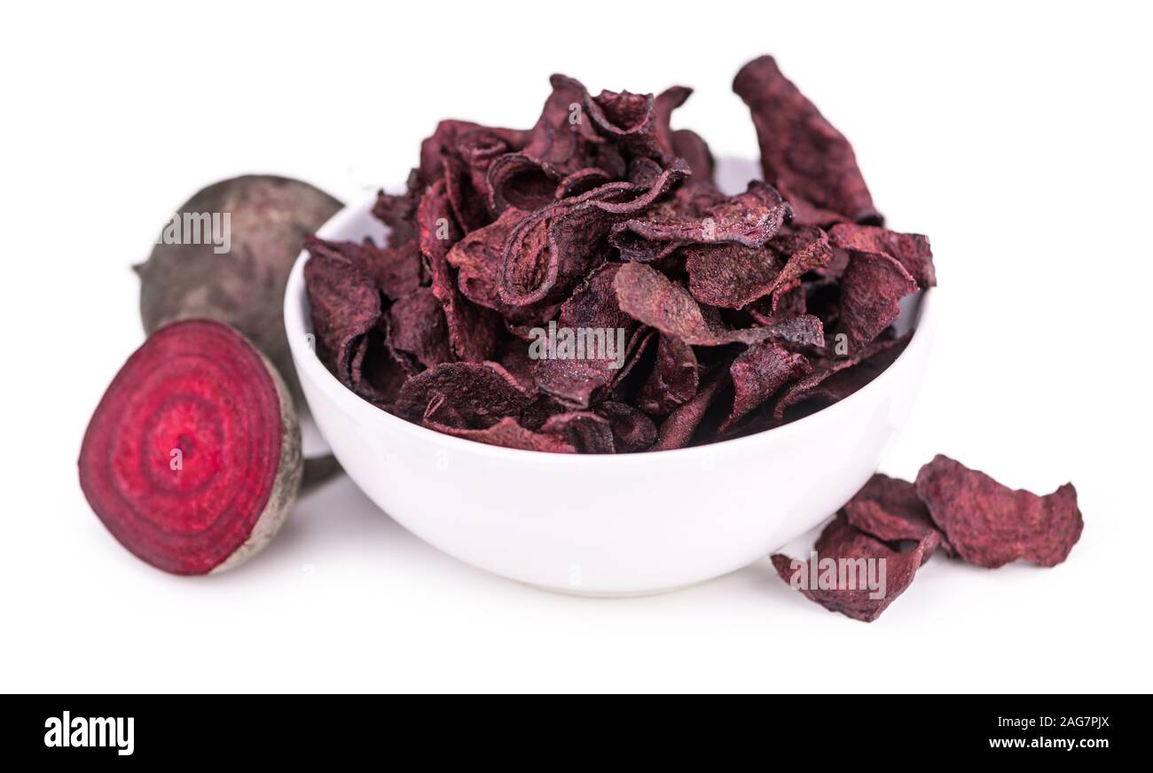 Portion of Beetroot Chips isolated on white background (selective focus) Stock Photo
