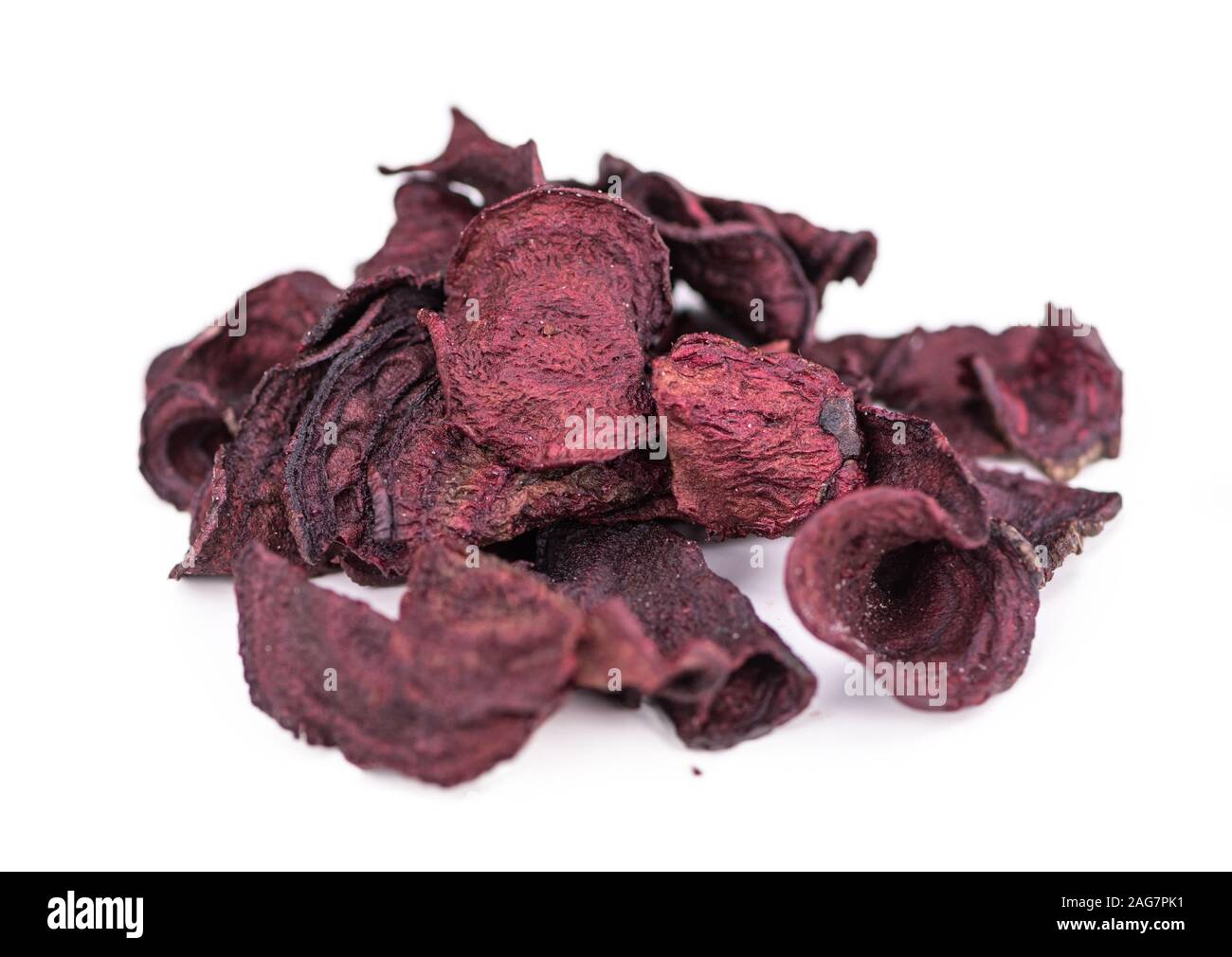 Portion of Beetroot Chips isolated on white background (selective focus) Stock Photo