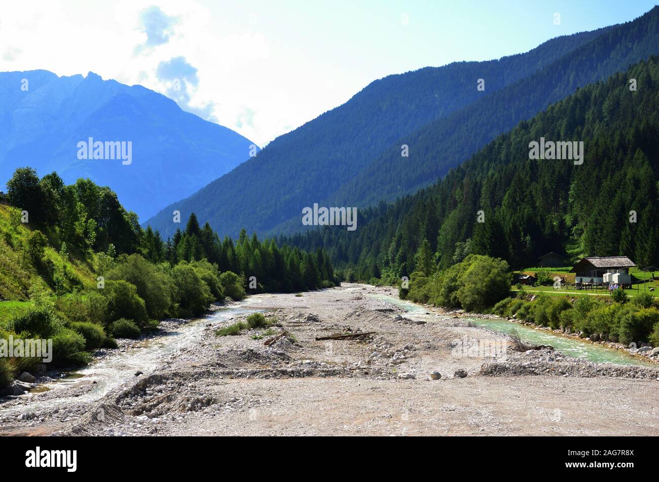 The gravel bed with little water from the Ansiei river Stock Photo