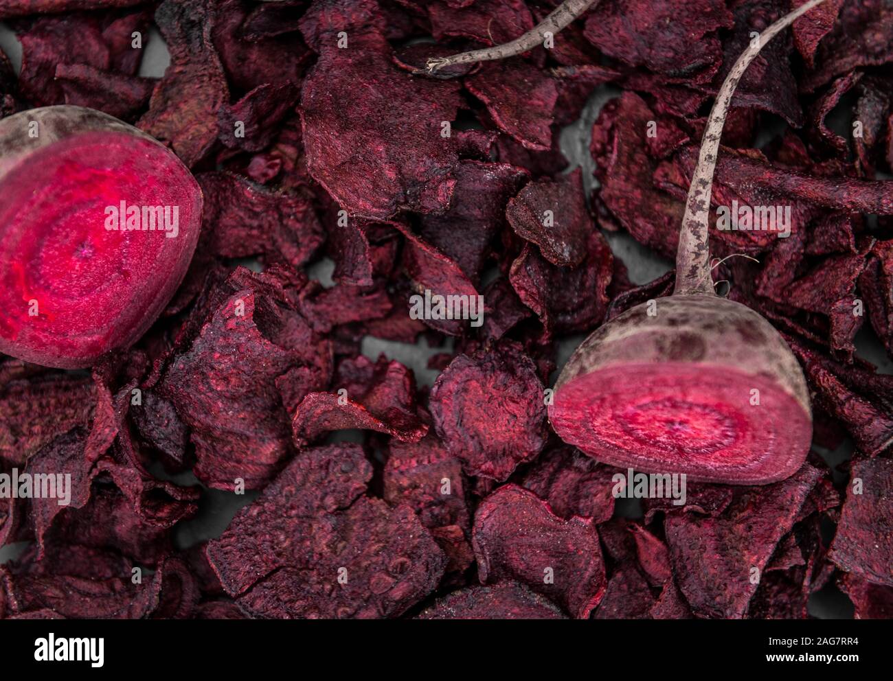 Fresh Beetroot Chips as detailed close-up shot (selective focus) Stock Photo