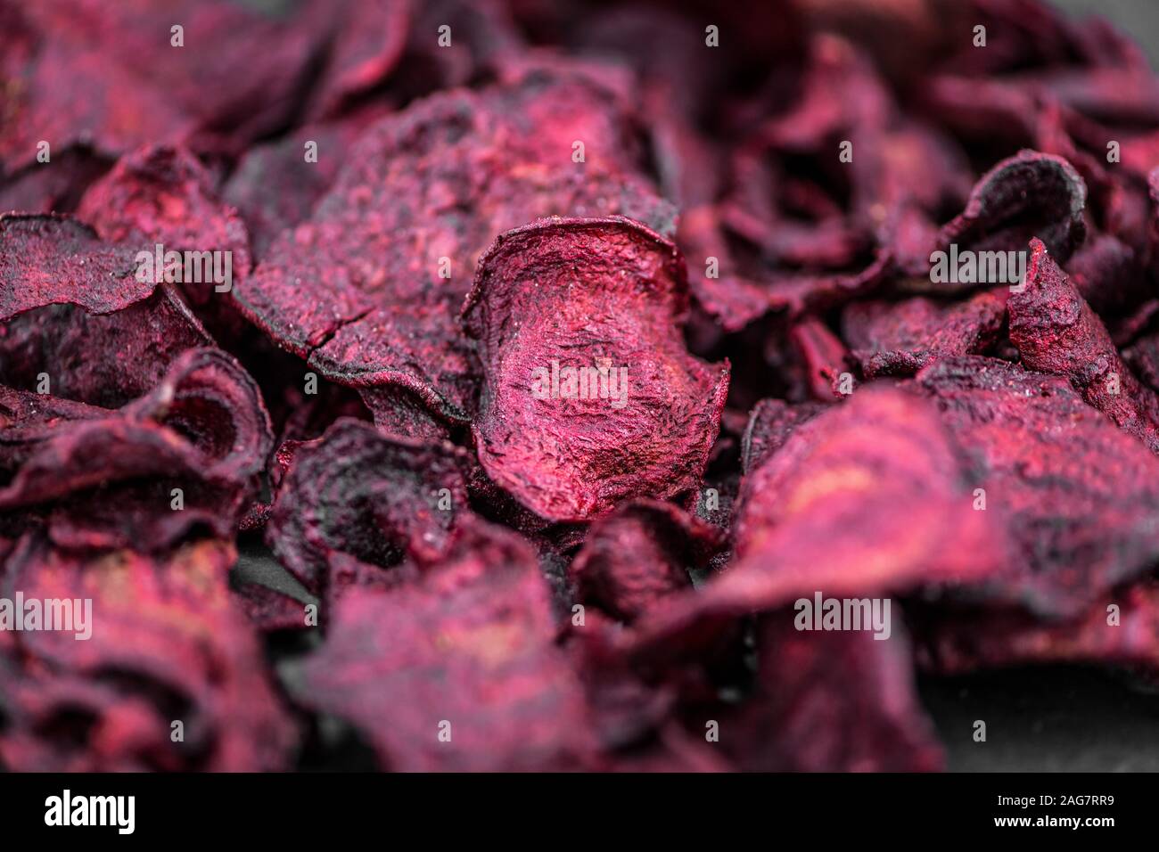 Fresh Beetroot Chips as detailed close-up shot (selective focus) Stock Photo