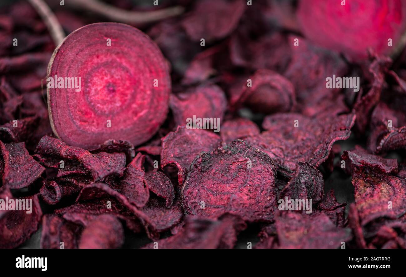 Fresh Beetroot Chips as detailed close-up shot (selective focus) Stock Photo