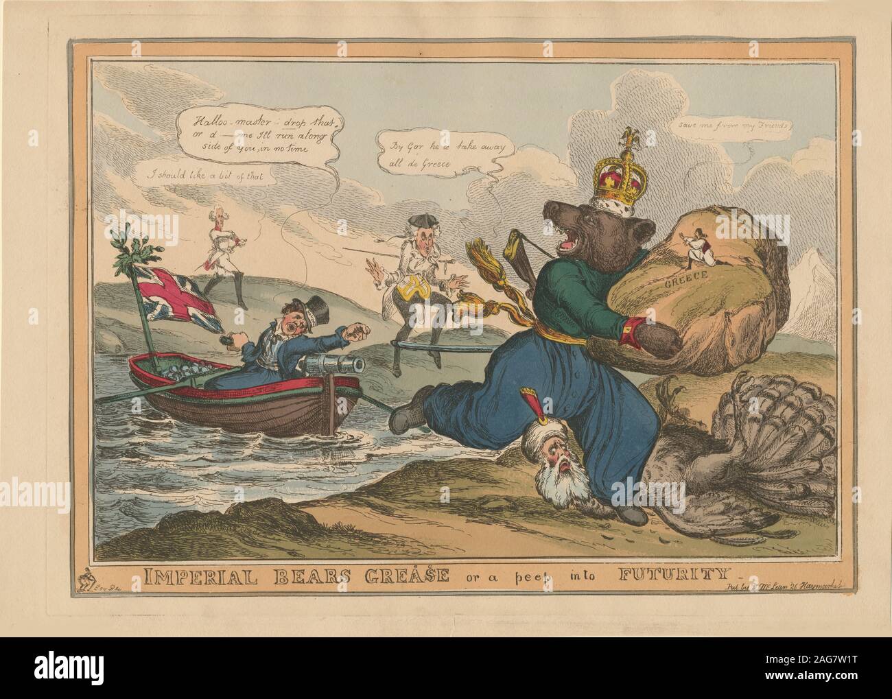 Imperial Bears Grease (Greece) or a peep into futurity. Caricature on the Russo-Turkish War, 1828-1829, 1828. Private Collection. Stock Photo