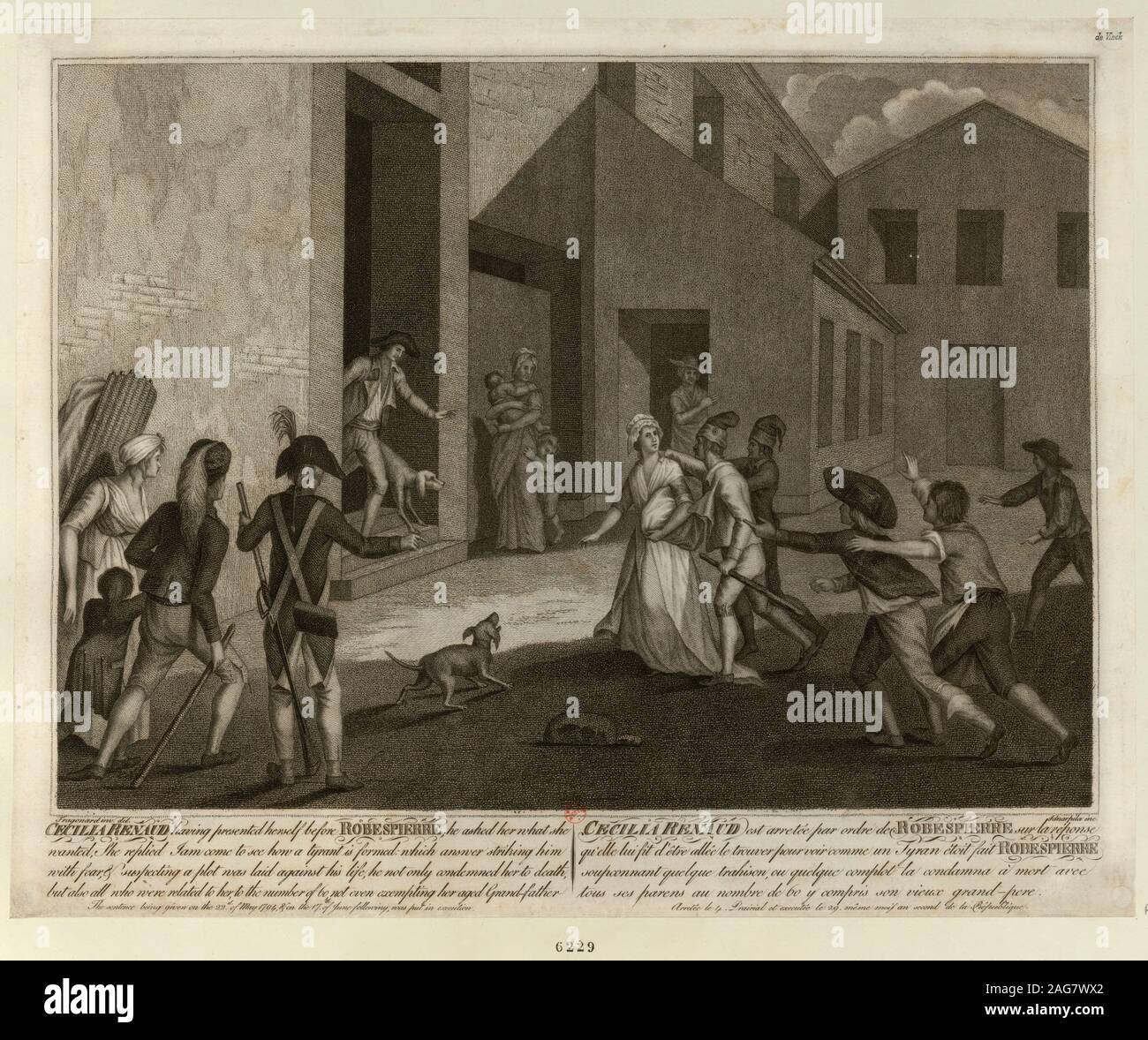The arrest of C&#xe9;cile Renault on May 22, 1794 at the apartment of Robespierre, c. 1798. Found in the Collection of Biblioth&#xe8;que Nationale de France. Stock Photo