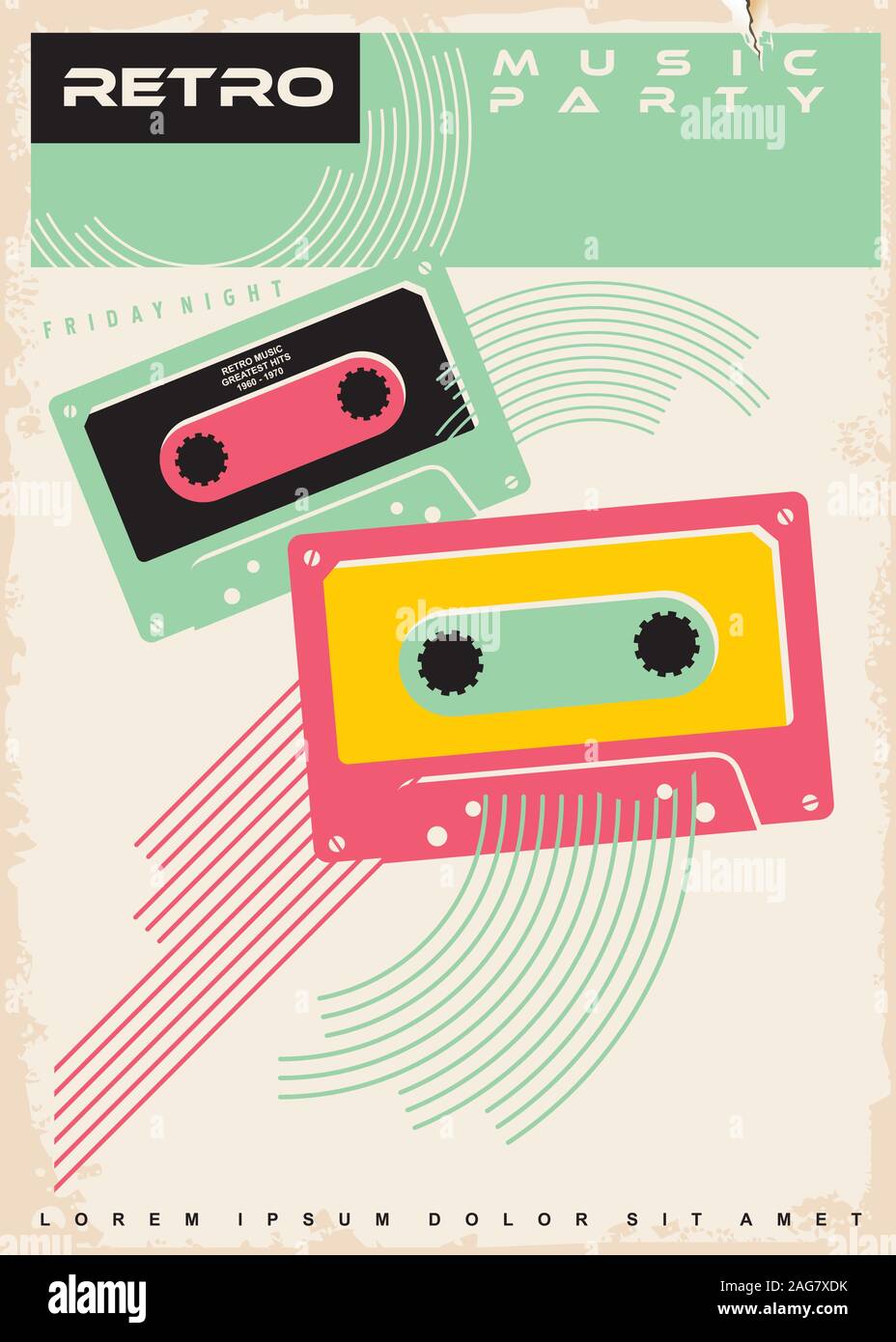 Retro music party poster. Anti gravity colorful cassette tapes on vintage background. Vector ad illustration. Stock Vector