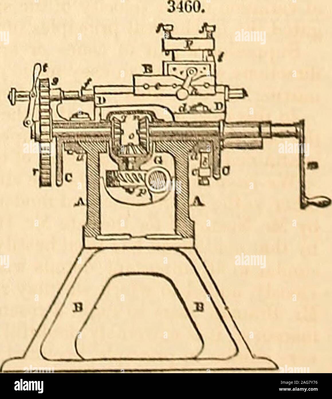 . Appleton's dictionary of machines, mechanics, engine-work, and engineering. rounded off both at top and bottom, instead of being either tri-angular or square. It is thus enabled to work either in a nut orwith a tangent-wheel. This guide screw is shown at G, Fig. 3460. It is placed with-in the lathe-frame, not in the direction of the axis of the machine,but rather on one side, in order to screen it from the falling turn-ings, and the nut k, when needful, is taken out of geer by thepin /. When the guide-screw is required to answer the pur-pose of a rack—as, for instance, to bring the saddle, a Stock Photo