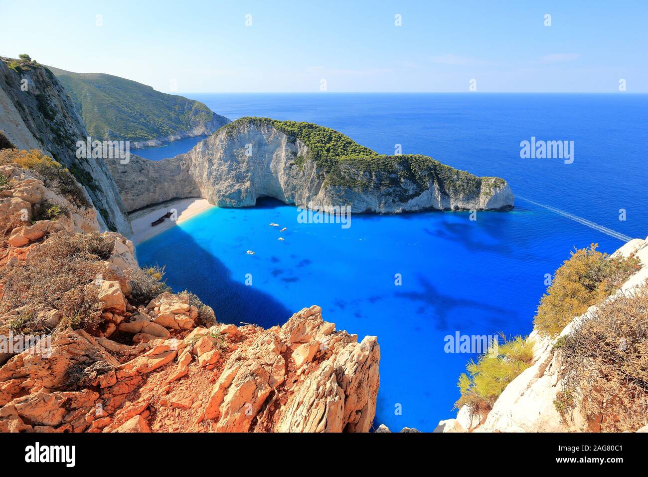 Amazing Navagio Beach or Shipwreck beach in summer. Zakynthos or Zante island, Ionian Sea, Greece. Stock Photo