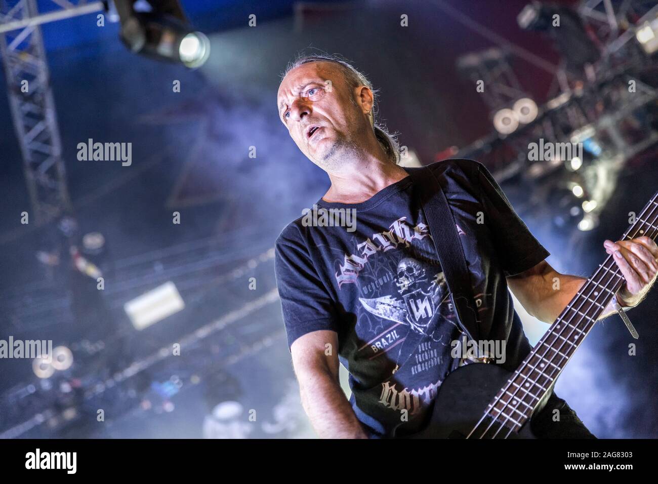 Oslo, Norway. 28th, June 2019. The Norwegian black metal band Mayhem performs a live concert during the Norwegian music festival Tons of Rock 2019 in Oslo. Here bass player Necrobutcher is seen live on stage. (Photo credit: Gonzales Photo - Terje Dokken). Stock Photo
