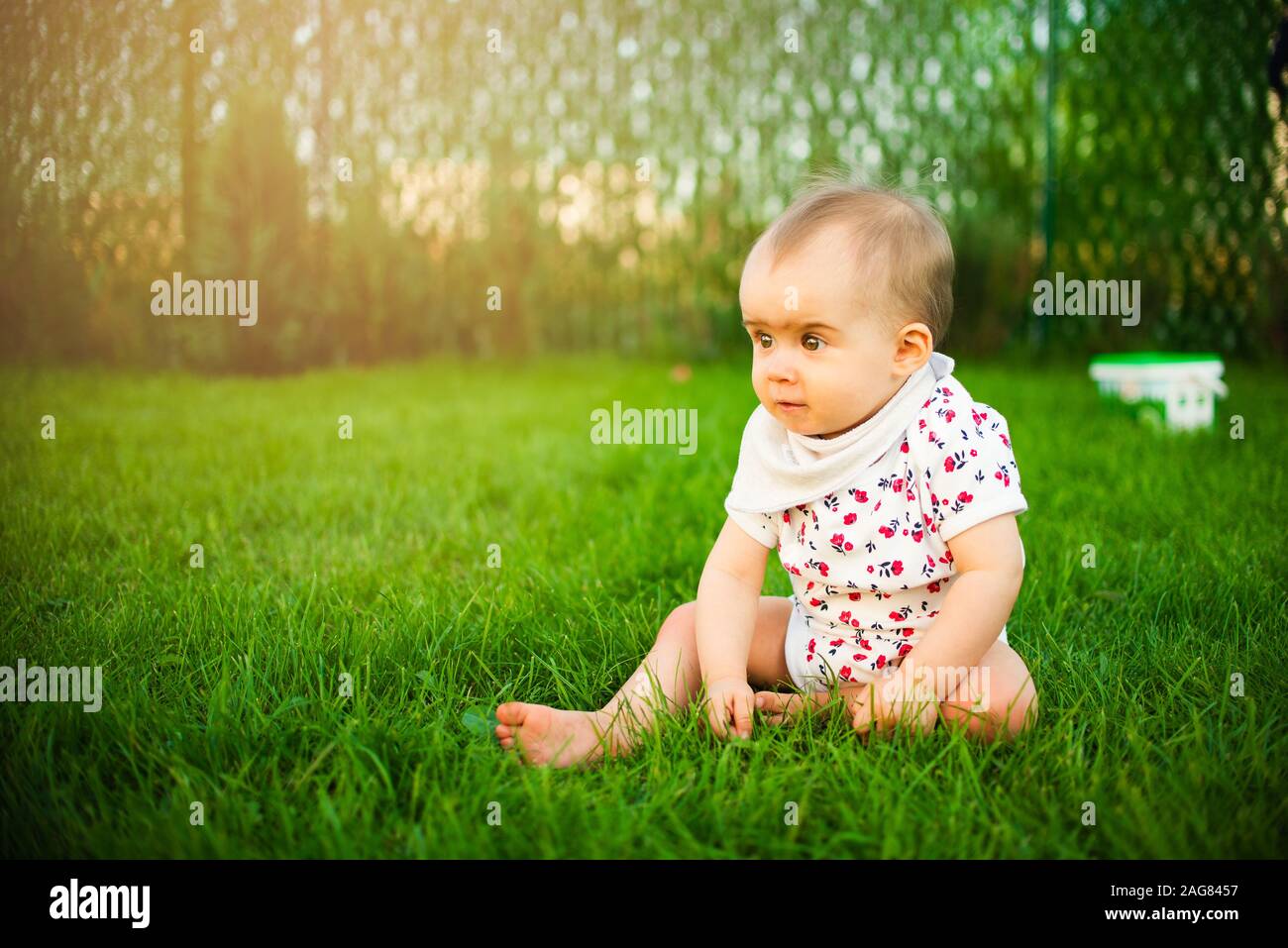 Cute little girl sitting in green grass in garden Stock Photo - Alamy