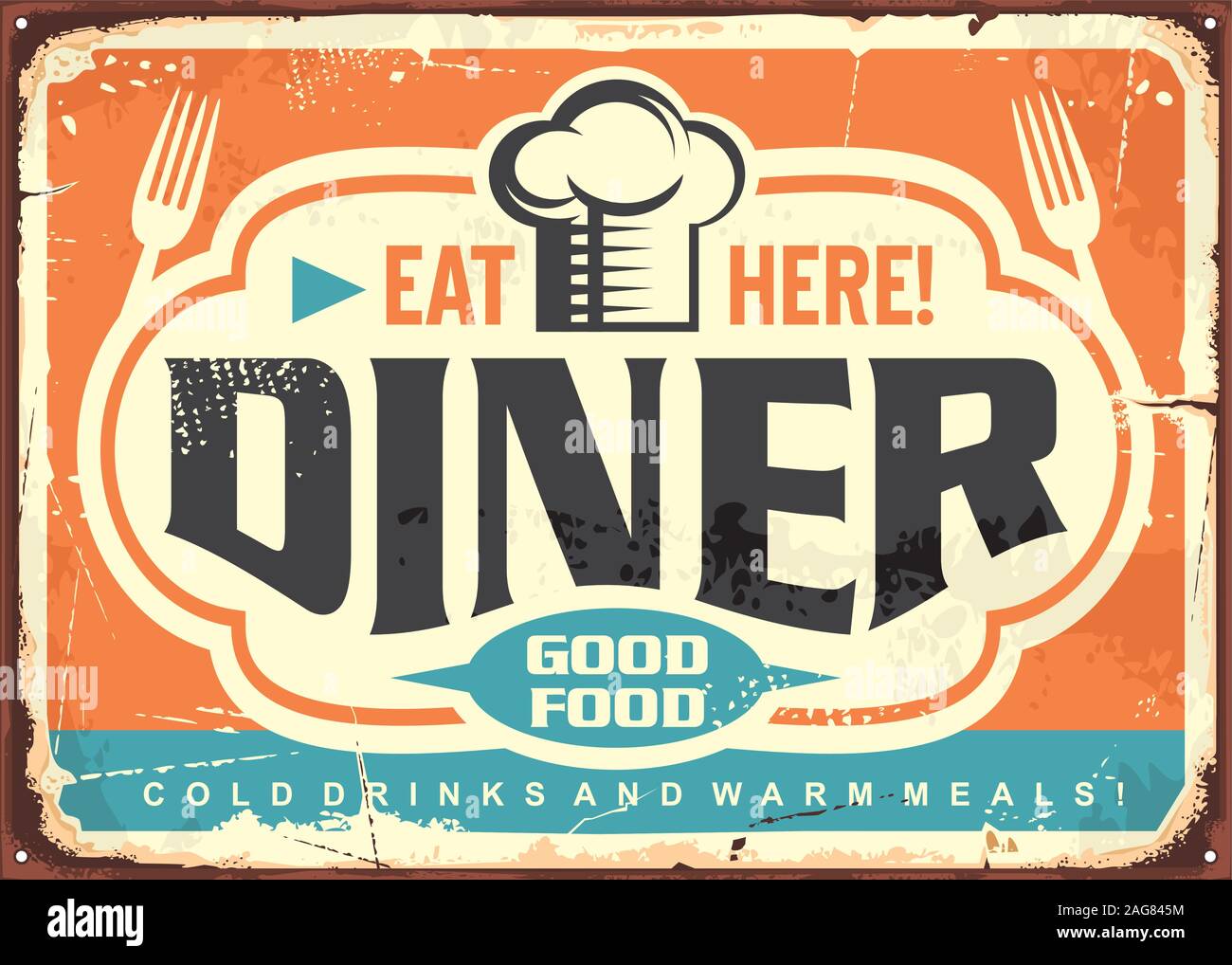 Retro diner restaurant tin sign design with chef hat, forks and creative lettering. Good food, cold drinks and warm meal vintage vector poster. Stock Vector