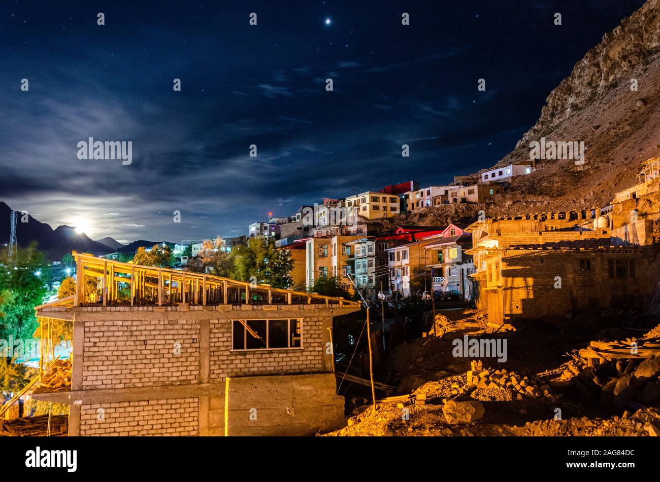 Nocturnal view of Kargil town, Ladakh, India Stock Photo