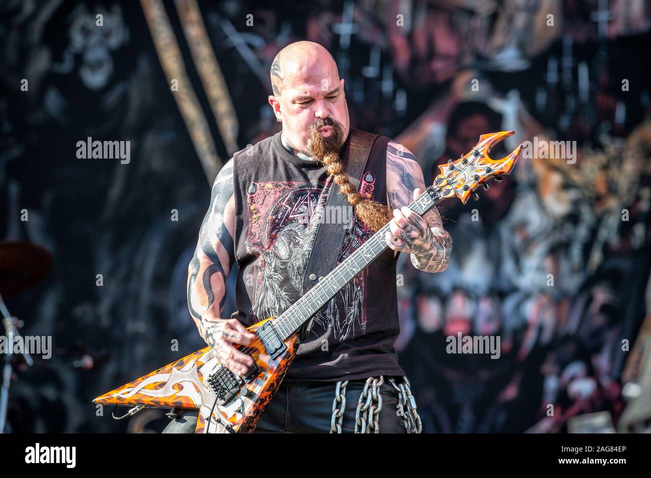 Oslo, Norway. 28th, June 2019. The American thrash metal band Slayer performs a live concert during the Norwegian music festival Tons of Rock 2019. Here guitarist Kerry King is seen live on stage. (Photo credit: Gonzales Photo - Terje Dokken). Stock Photo