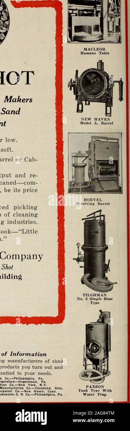 . Canadian foundryman (1921). $111 i Get in touch, with these Sources of Information Send for catalogs and literature of the following manufacturers of sandblast equipment; telling them the character of products you turn out andgetting their advice as to the equipment best suited to your needs. LEIMANHand Cabinet American Foundry Equipment Co.—New York, N.Y. Hoevel Manufacturing Co.—Jersey City, N.J. Leiman Brothers—New York, N.Y. Mott Sand Blast Co.—Brooklyn, N.Y. Macleod Company—Cincinnati, Ohio. New Haven Sand Blast Co.—New Haven, Conn.. J. W. Paxson Co.—Philadelphia, Pa.Pangborn Corporatio Stock Photo