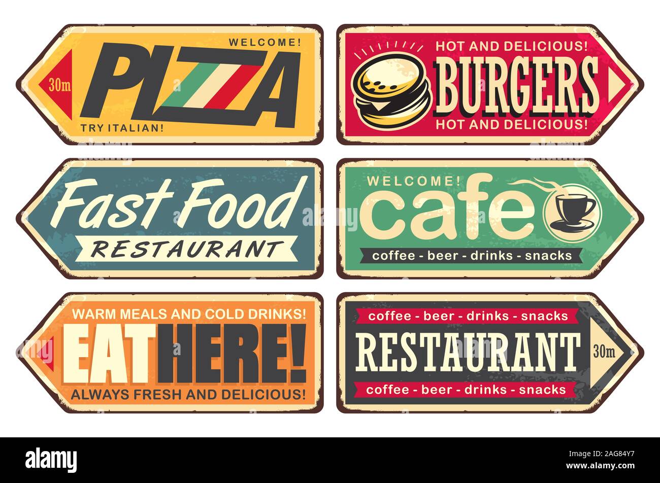 Retro signs collection.  Vintage sign posts set for cafe, pizza, burger and fast food restaurant. Food and drink vectors poster. Stock Vector
