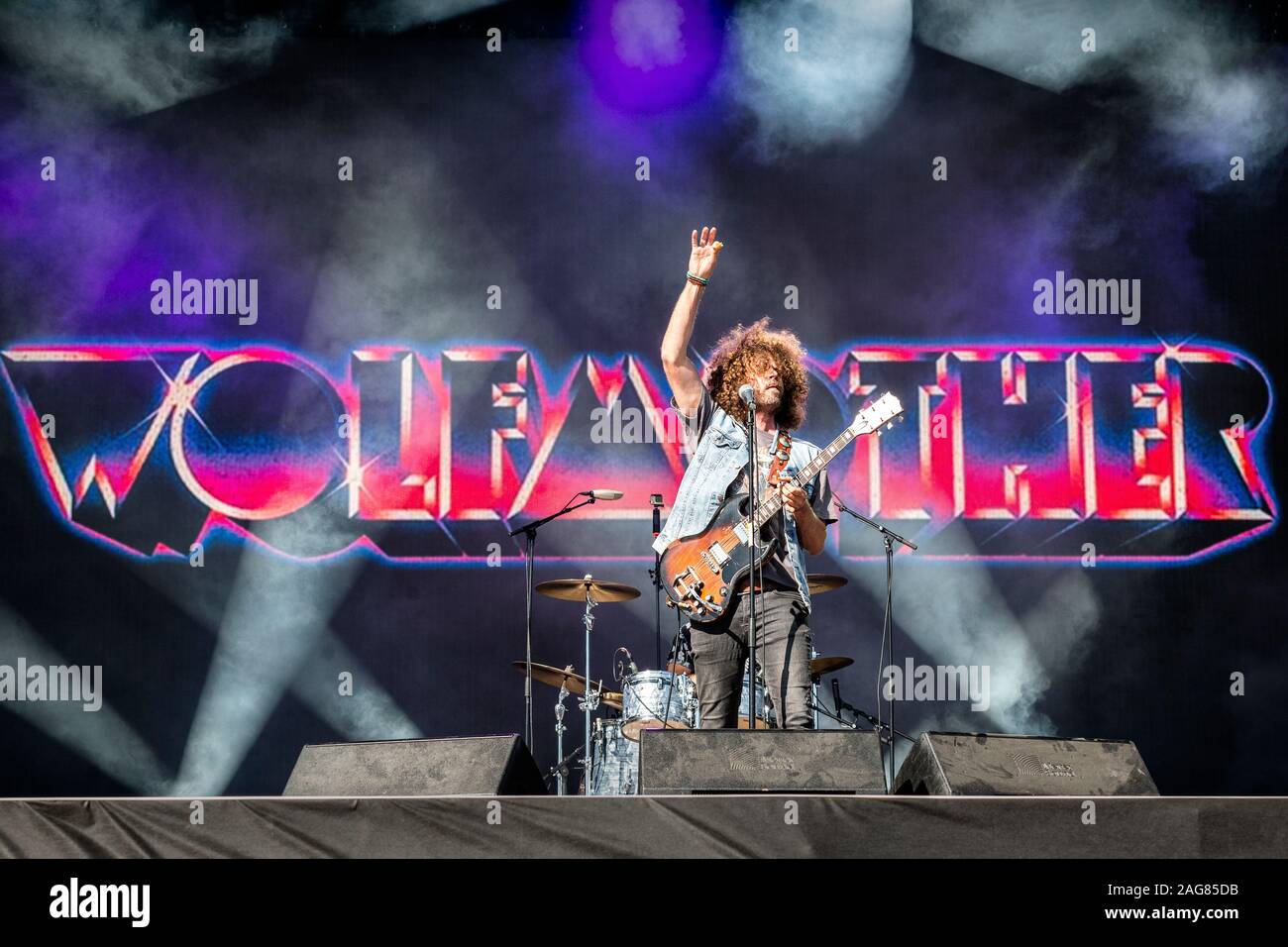 Oslo, Norway. 28th, June 2019. The Australian rock band Wolfmother performs a live concert during the Norwegian music festival Tons of Rock 2019. Here guitarist and singer Andrew Stockdale is seen live on stage. (Photo credit: Gonzales Photo - Terje Dokken). Stock Photo