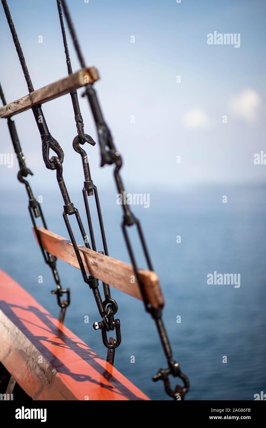 Sailing boat rigging cables, wire, wood Stock Photo Alamy