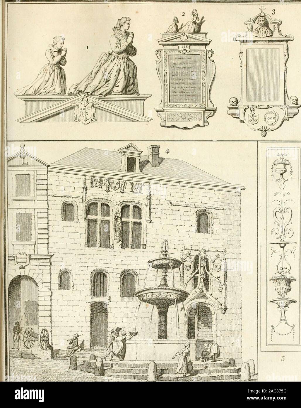 . Antiquités nationales, ou, Recueil de monumens : pour servir à l'histoire générale et particulière de l'empire françois, tels que tombeaux, inscriptions, statues, vitraux, fresques, etc. : tirés des abbayes, monastères, châteaux, et autres lieux devenus domaines nationaux. lhomme foule un enfant sous ses pieds : jenai rien pu découvrir qui me donna la clef de lexplication de cesfigures. Jai fait encore graver deux autres petits tombeaux qui se voyentaussi dans léglise , Planche III. Le premier est celui de Catherine Lefevre ; elle est représentéeà genoux , dans le costume du temps , avec sa Stock Photo