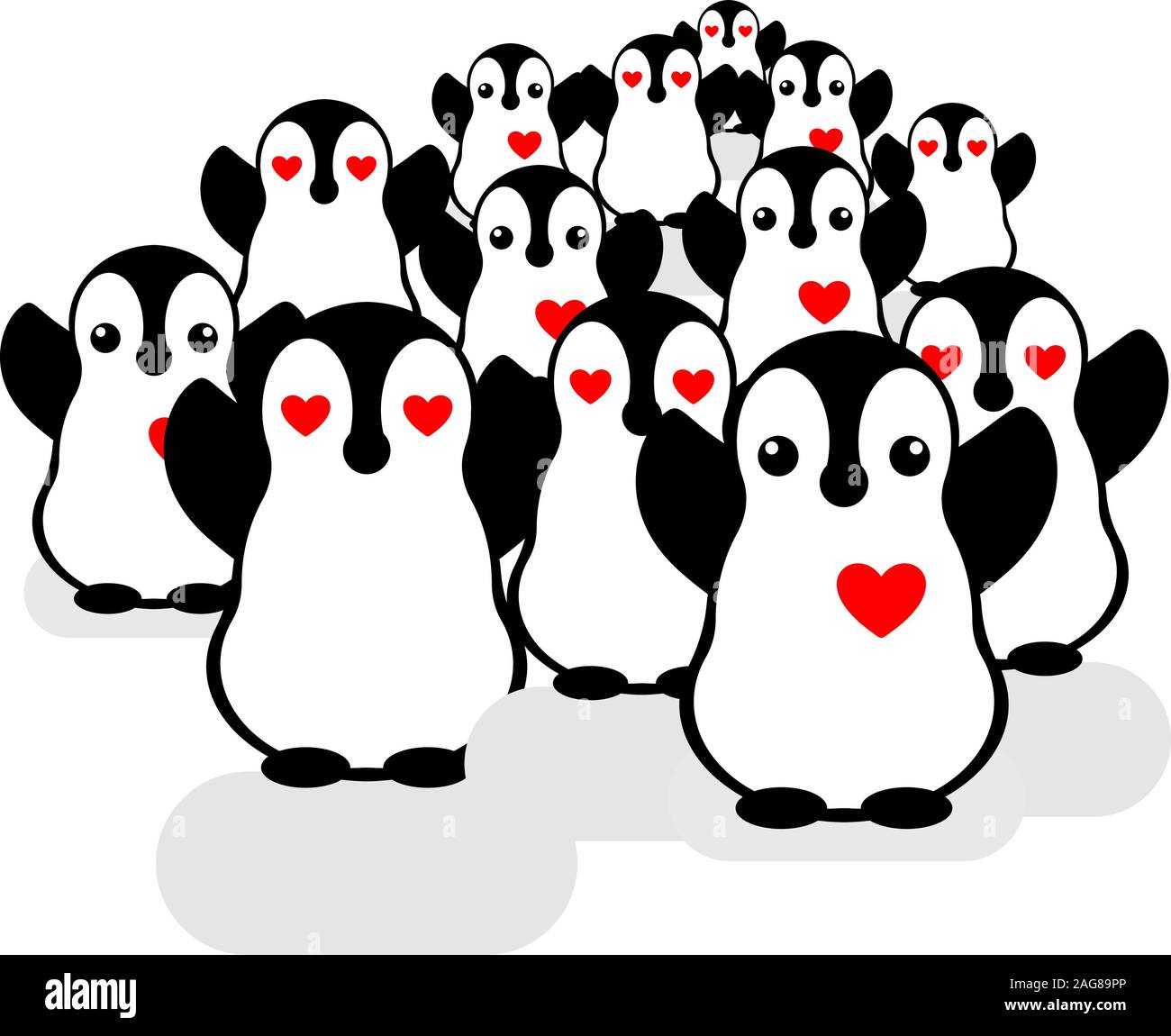 Vector penguin heart icons. Loving crowd of penguins. Fans at the concert. Likes and followers. Stock Vector