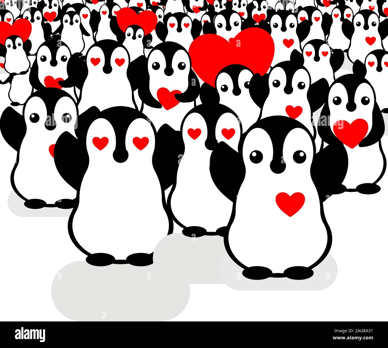 Vector penguin heart icons. Loving crowd of penguins. Fans at the concert. Likes and followers. Stock Vector