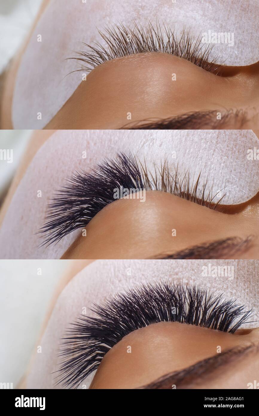 Eyelash Extension. Comparison of female eyes before and after Stock