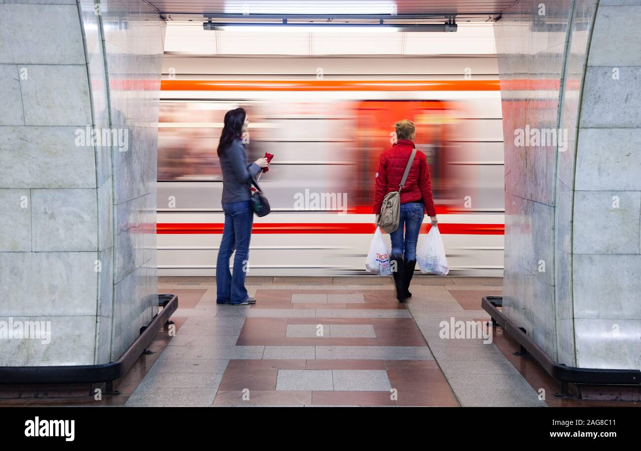 The Prague Metro, built in 1974, carries around 600 Million passengers a year. It has 3 lines A B and C. Line A features Art Deco designs. Stock Photo