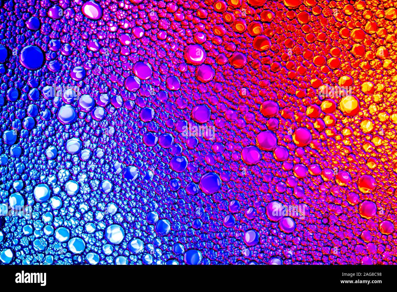 Top view on a colorful drops of oil on the water. Rainbow or spectrum ...