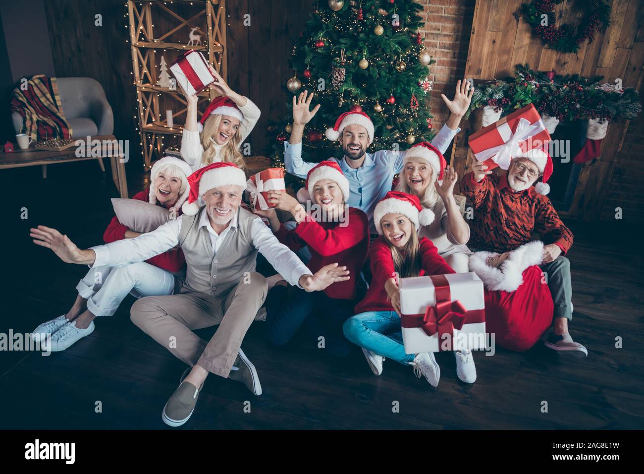 Portrait of nice lovely cheerful big full family brother sister couples