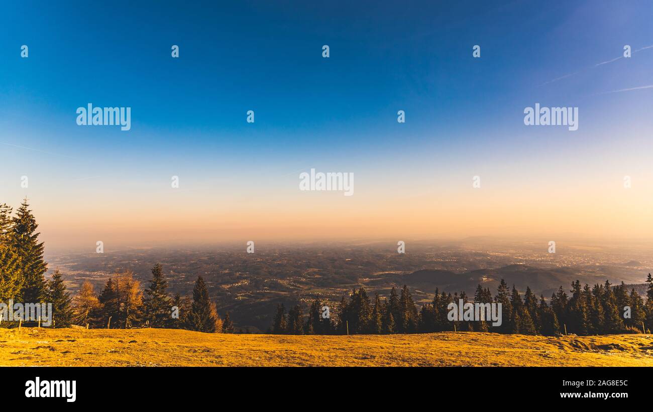 Landscape view during sunset in spring from Graz Schockl mountain in ...